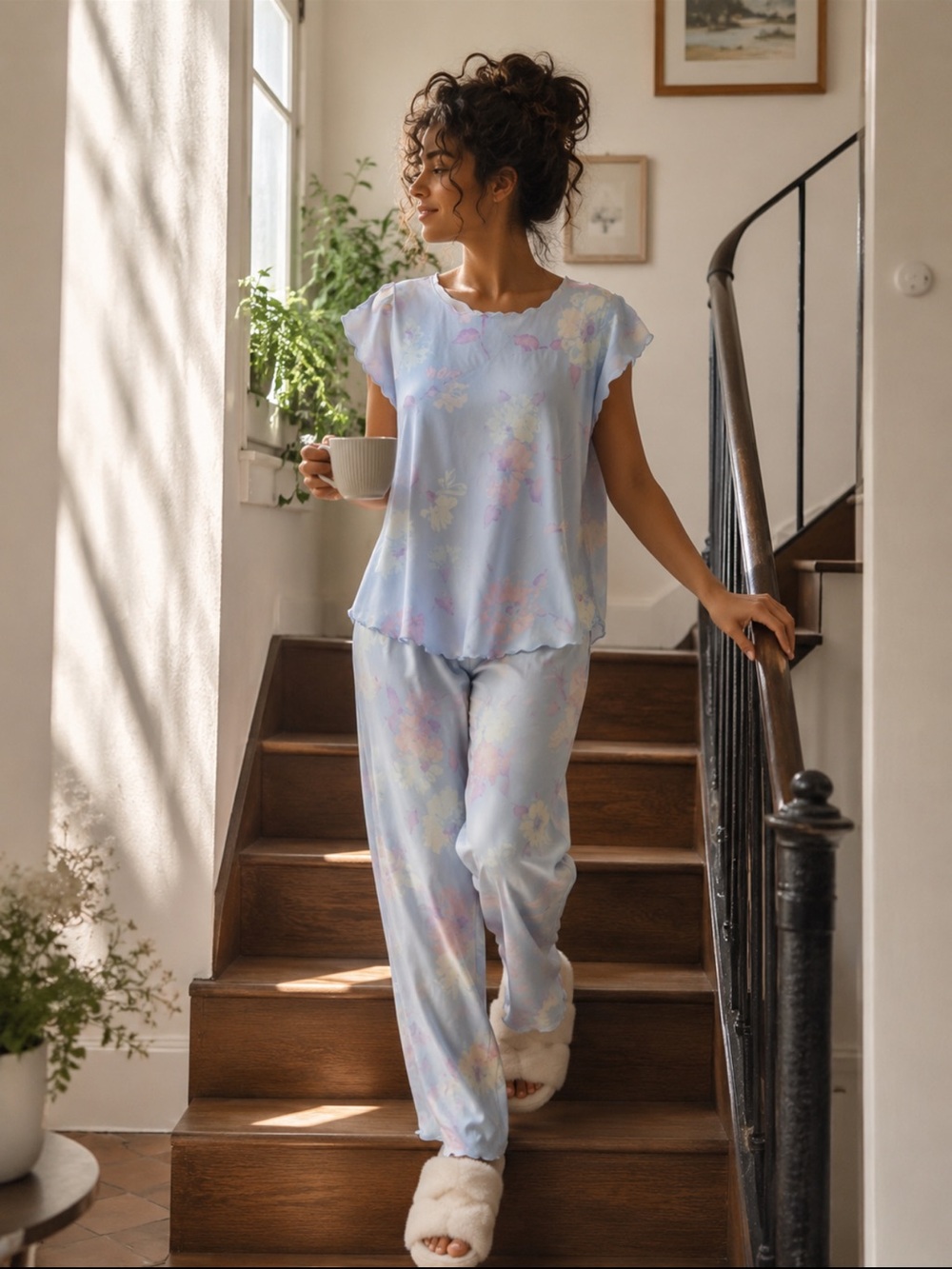 Vintage Miss Elaine Light Blue Pastel Floral Pajama Set satin